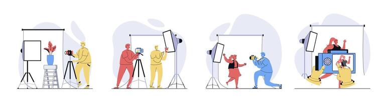 Photo studio concept set in flat design for web. Collection with people getting photography shot, children posing for portrait, photographer working at shooting in backstage. illustrations. vector