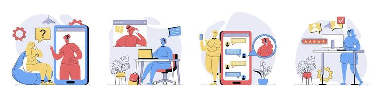 Customer service concept set in flat design for web. Collection with people answering clients calling, chatting online and consulting at helpline, solving tech problems. illustrations. vector