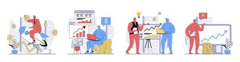 Business growth concept set in flat design for web. Collection with people launch startup company, make data analysis, developing project together, get financial arrow increase. illustrations. vector