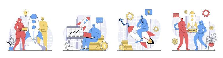 Business startup concept set in flat design for web. Collection with people brainstorming and planning process, launching new project rocket, entrepreneur collaboration work. illustrations. vector