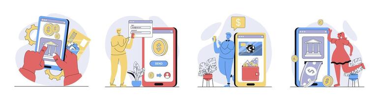 Mobile banking concept set in flat design for web. Collection with people managing credit cards and financial accounts, making transactions, sending money and paying in app. illustrations. vector