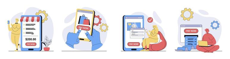 Online payment concept set in flat design for web. Collection with people getting digital bill form at paying by purchases, making financial transactions in mobile app. illustrations. vector