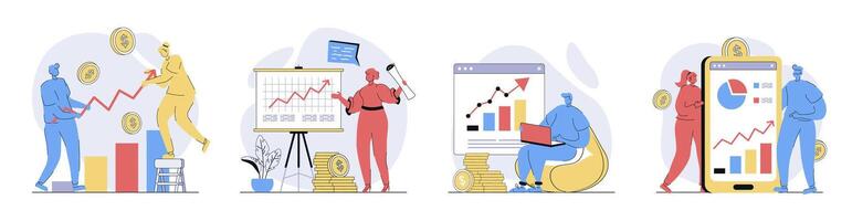 Sales performance concept set in flat design for web. Collection with people making financial analysis, achieving profit rise at arrow charts and graphs, developing business. illustrations. vector