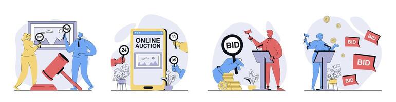 Auction concept set in flat design for web. Collection with people bidding and buying pictures in frame at exhibition and arts at online auction, trader using gavel. illustrations. vector