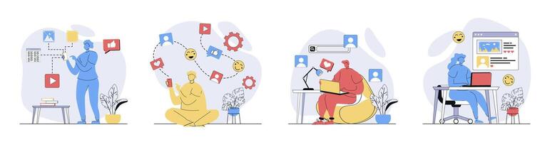 Social network concept set in flat design for web. Collection with people connecting online with internet friends, sharing photos and videos, making online posts, browsing feeds. illustrations. vector