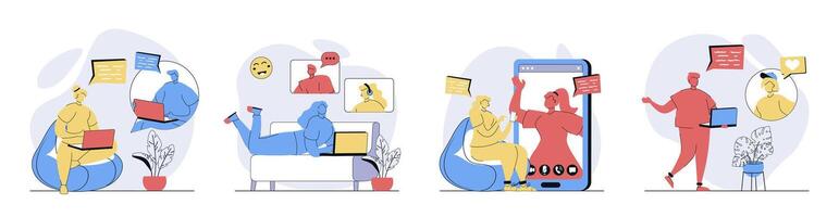 chatting concept set in flat design for web. Collection with people connecting online, calling in zoom screens, networking, talking and discussing with internet friends. illustrations. vector
