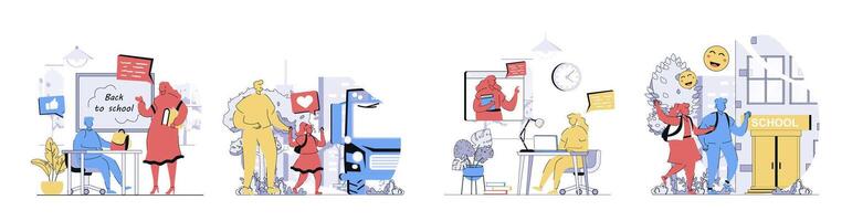 Back to school concept set in flat design for web. Collection with people studying at classes, pupils learning with teacher, parent with kid near bus, student at lecture. illustrations. vector
