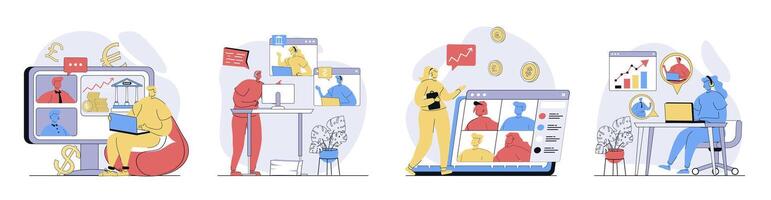 business conference concept set in flat design for web. Collection with people working remotely, connecting online at workplace screens, get breafing, discussing tasks. illustrations. vector