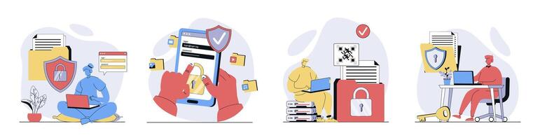 Cyber security concept set in flat design for web. Collection with people using account passwords to protect data, saving documents and personal profiles with firewall service. illustrations. vector