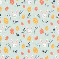 Seamless Easter pattern with bunnies, eggs and flowers vector