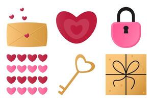 Set of elements with romantic symbols gifts, hearts, an envelope, a lock and a key. vector