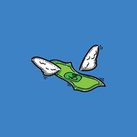 Illustration of a dollar bill with wings flying away, symbolizing financial loss, expense, or investment. Depicts a metaphor for money disappearing, spending, or managing finances effectively. vector