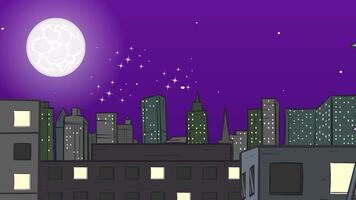 a cartoon cityscape with a full moon in the sky video