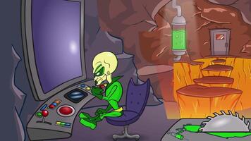 a cartoon alien is sitting in front of a computer video