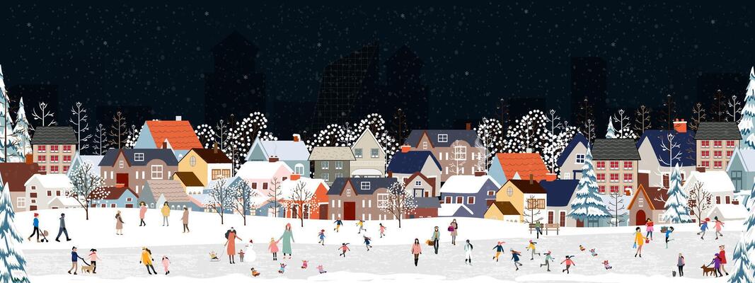 Christmas background,Winter Village landscape with snow,People Celebrating on xmas in city park,Seamless pattern Cute cartoon Winter wonderland with snowman,tree,house for New Year 2025 banner