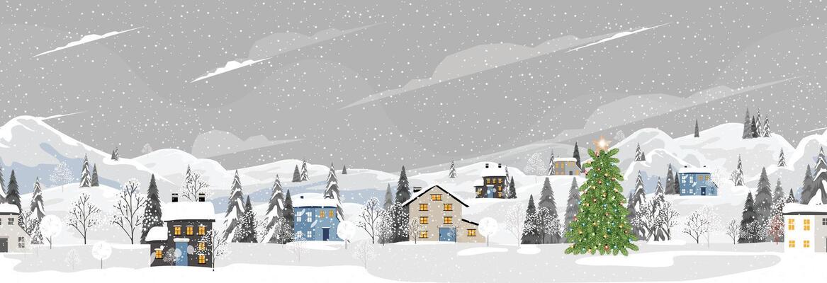 Christmas Background,Winter landscape village with snow at night,Xmas Seamless pattern Winter wonderland in town, Holizon banner Cute New Year background with forest trees,house and park in city