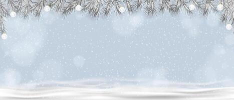 Christmas background,Natural Winter landscape with snow covered fir trees and snowdrifts on blue sky.Happy New Year 2025 greeting card with beautiful light bokeh with copy space for banner vector