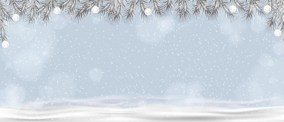 Christmas background,Natural Winter landscape with snow covered fir trees and snowdrifts on blue sky.Happy New Year 2025 greeting card with beautiful light bokeh with copy space for banner