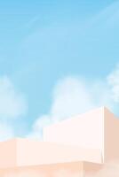 Sky blue cloud background,Beige 3d Podium Platform Display for Costmetic presentaion for Spring,Summer Sale Banner,Minimal Abstract Exterior Architecture of Cement Wall Corners Design vector
