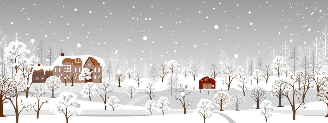 Christmas Background,Seamless pattern of Winter Village landscape with snow banner for Xmas,New Year 2025 card,Nature Night Sky with Snow covering tree in park, horizon Winter wonderland forest