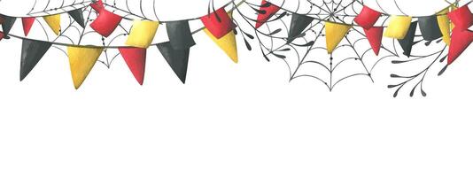Garlands with red, black and yellow flags are square and triangular with cobwebs. Hand drawn watercolor illustration for day of the dead, halloween, Dia de los muertos. Template on white background. vector