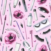 Cosmetics and brushes for eyes and eyebrows, tubes with pink anemone flowers. Watercolor illustration hand drawn. Seamless pattern on a pink background. For eyelash extension and lamination vector