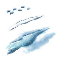 Blue, turquoise brush strokes, snowdrifts, shadows, sea waves, footprints on snow. Watercolor illustration hand drawn. Separate element isolated from background for landscape designer and arrangements vector
