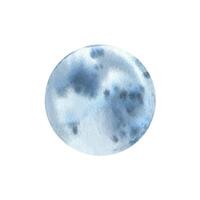 Full moon round gray-blue color with craters, textured. Watercolor illustration hand drawn. Separate object isolated from background. vector
