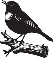 Black and white illustration of a bird perched on a branch. vector