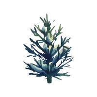 Tree evergreen fir with spreading branches on which lies white snow. Winter, forest watercolor illustration drawn by hand. Separate element isolated from background for Christmas, New Year and winter vector