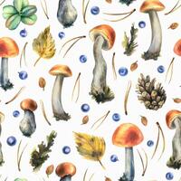 Forest edible boletus mushrooms with blueberries, cones, autumn leaves and twigs. Watercolor illustration, hand drawn. Seamless pattern on a white background vector