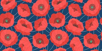 Seamless pattern, background of hand drawn red flowers. Poppies in doodle style. Trendy botanical illustration on dark background vector