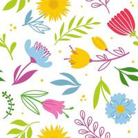 Seamless pattern of simple hand drawn flowers, leaves and branches in doodle style. Background. Trendy botanical illustration on white background vector