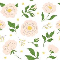 Seamless pattern of delicate hand drawn flowers, leaves and branches in flat line, doodle style. Background. Trendy botanical illustration on white background vector