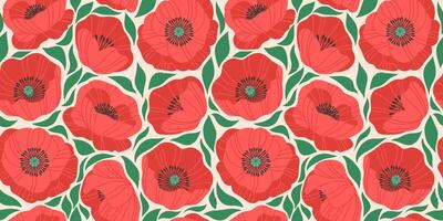 Seamless pattern, background of hand drawn red flowers. Poppies and leaves in doodle style. Trendy botanical illustration on light background vector