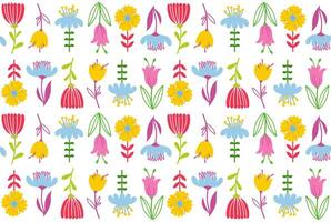 Seamless pattern, background of simple hand drawn flowers, leaves and branches in doodle style. Trendy botanical illustration on white background vector