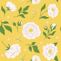 Seamless pattern of delicate hand drawn flowers, leaves and branches in doodle style. Background. Trendy botanical illustration on yellow background vector