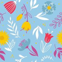 Seamless pattern of simple hand drawn flowers, leaves and branches in doodle style. Trendy botanical illustration on blue background vector
