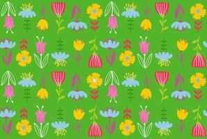 Seamless pattern, background of simple hand drawn flowers, leaves and branches in doodle style. Trendy botanical illustration on green background vector
