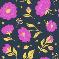 Seamless pattern of delicate hand drawn pink flowers, leaves and branches in doodle style. Background. Trendy botanical illustration on dark background vector