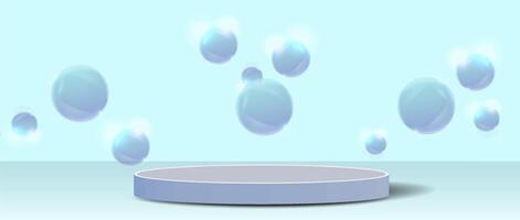 Floating blue bubbles create a whimsical atmosphere in a serene setting with soft lighting. vector