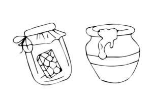 Honey pot with dripping honey and honeycomb in glass jar in doodle style. vector