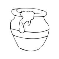 A pot of honey with dripping honey in doodle style. vector