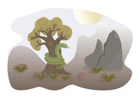 Green snake on the tree close to mountains, colorful illustration vector