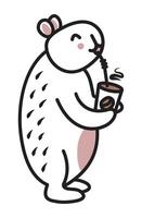 Cute black line capybara doodle, trendy kawaii character with a cup of mocha mousse, big friendly rodent for a postcard, coloring page, fabric prints, etc. vector