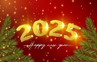 2025 happy new year template banner with modern 3d text sparkle effect and beautiful luxury shiny ornament abstract gradient red background design vector