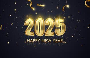 2025 happy new year template banner with modern 3d text effect and beautiful luxury shiny ornament abstract gradient black background design vector