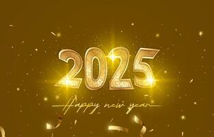 2025 happy new year template banner with modern 3d text effect and beautiful luxury shiny ornament abstract gradient yellow background design vector