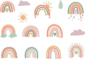 Hand Drawn Boho Rainbows. Cute Set in Pastel and Earthy Colors. Isolated Elements. Scandinavian Style. Neutral Nursery Art Design for Room Decoration, Printing on Textiles or Wall Decal. vector