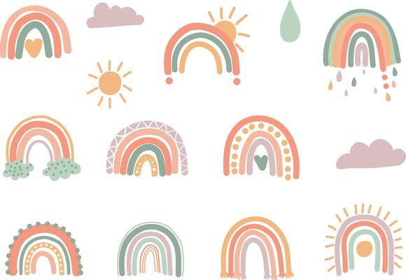 Hand Drawn Boho Rainbows. Cute Set in Pastel and Earthy Colors. Isolated Elements. Scandinavian Style. Neutral Nursery Art Design for Room Decoration, Printing on Textiles or Wall Decal.